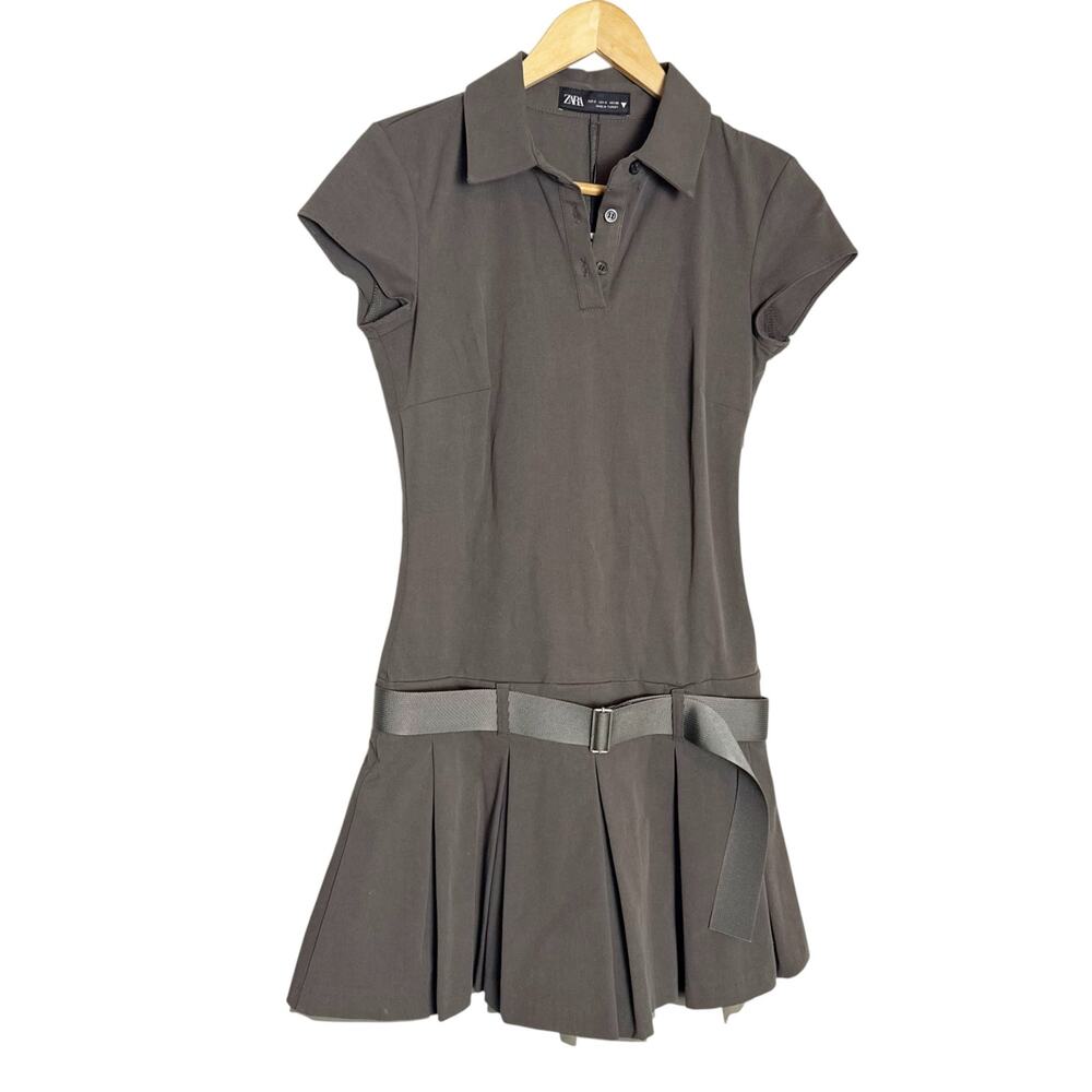 Zara Gray Dark Academia Blogger Box Pleated Drop Waist Belted Polo Mini Dress S